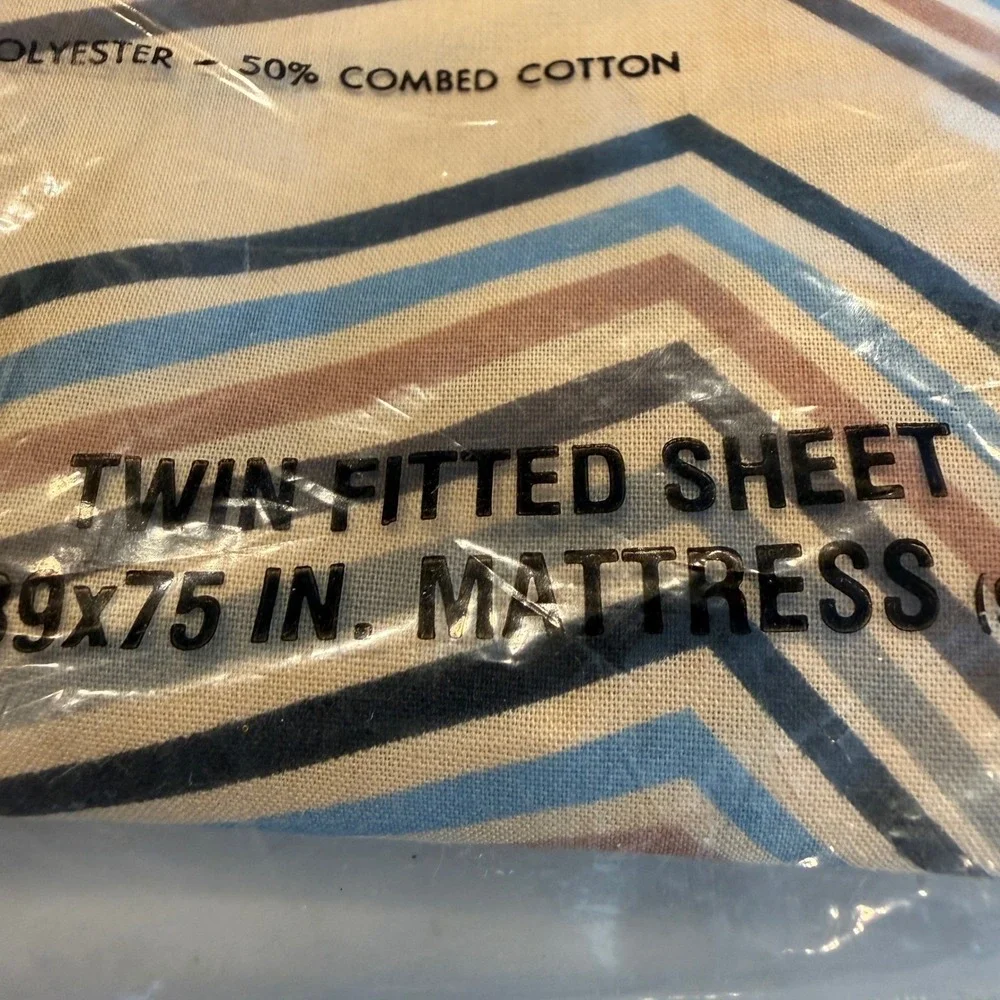 Vintage Wamsutta Ultracale Twin Fitted Sheet Chevron Zig Zag Tan Blue Brown 70s‎
